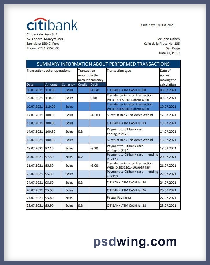 Peru Citibank Bank Statement (Excel)